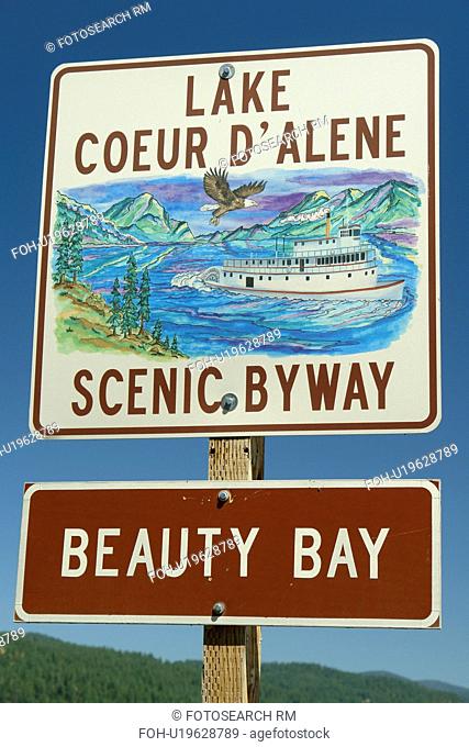 Harrison, ID, Idaho, Lake Coeur D' Alene Scenic Byway, Beauty Bay, road sign