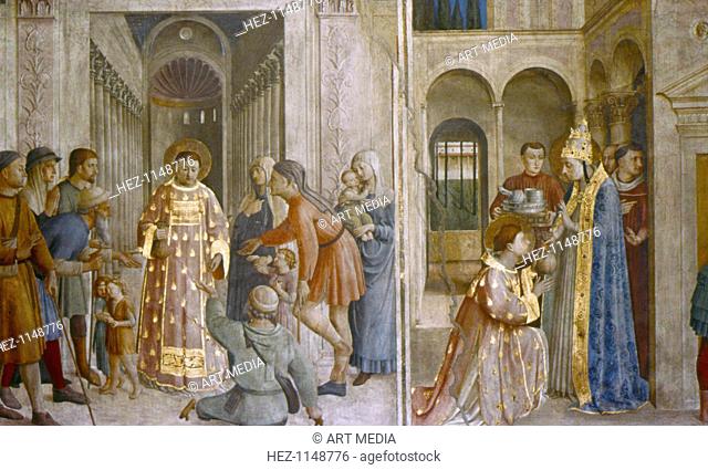 Pope Sixtus II gives church treasure to St Laurence who distributes alms to the poor, mid 15th century. St Sixtus II (d258)