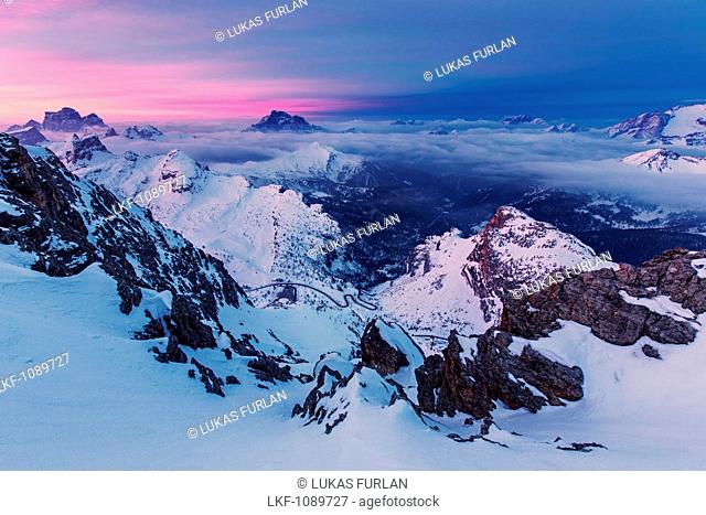 View from top of the Lagazuoi, near the Refugio Lagazuoi mountain hut, located in the area of the Falzarego mountain pass, Bellunesi Dolomites