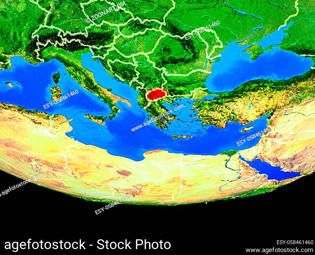 Macedonia from space on model of planet Earth with country borders. 3D illustration. Elements of this image furnished by NASA