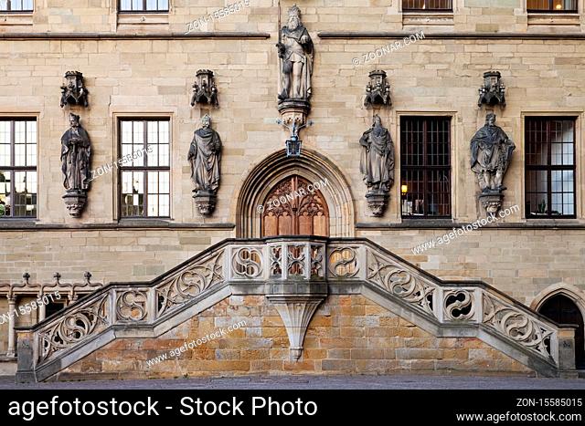 Treppenaufgang am Rathaus, Unterzeichnungsort des Westfaelischen Friedens, Osnabrueck, Niedersachsen, Deutschland, Europa