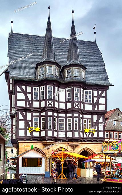 Alsfeld town hall on main square in christmastime, Germany