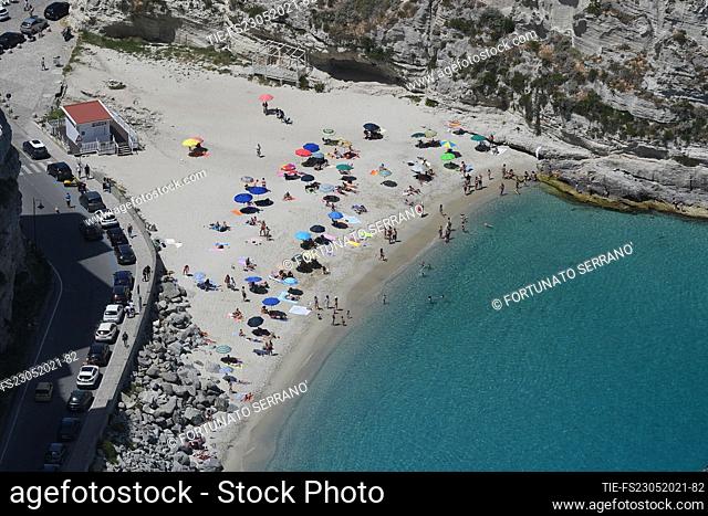Beach of Tropea. The Police flies over the Calabrian coast by helicopter on the occasion of the reopening of the balnear season , Calabria region