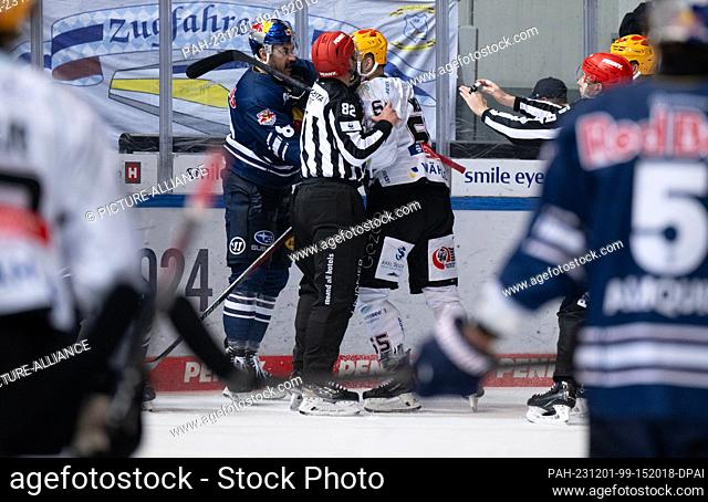 01 December 2023, Bavaria, Munich: Ice hockey: DEL, EHC Red Bull Munich - Pinguins Bremerhaven, Main Round, Matchday 23 at the Olympic Ice Sports Center