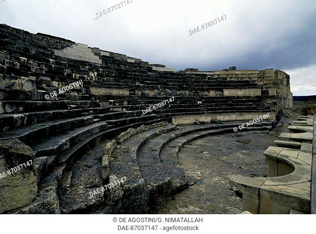 The tiers of seats (summa cavea) of the Roman theatre, Segobriga archaeological park, near Saelices, Castile-La Mancha, Spain