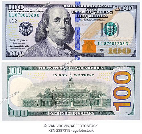 100 dollars banknote, Benjamin Franklin, Independence Hall, USA, 2009