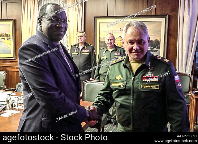 RUSSIA - SEPTEMBER 29, 2023: Russia's Defence Minister Sergei Shoigu (R) holds a meeting with his South Sudanese counterpart Chol Thon Balok