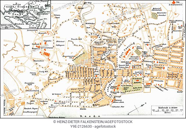 Historical city map, Singapore, Asia, 19th Century