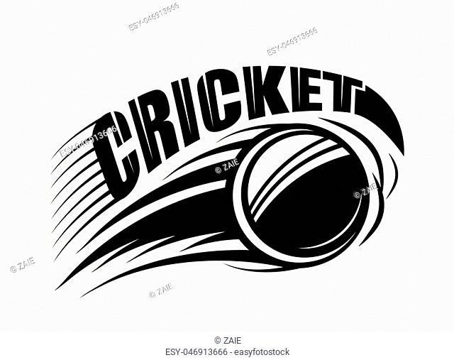 Vector illustration of cricket badge template with flying ball and typography text sign in monochrome simple style. Use for print, web design