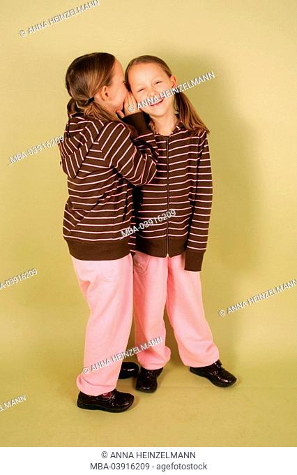 girl, twins, whisper, cheerfully, series, people, children, 6-10 years, siblings, sisters, twin-sisters, matching clothes, secret, whispers betrayed, entrusts