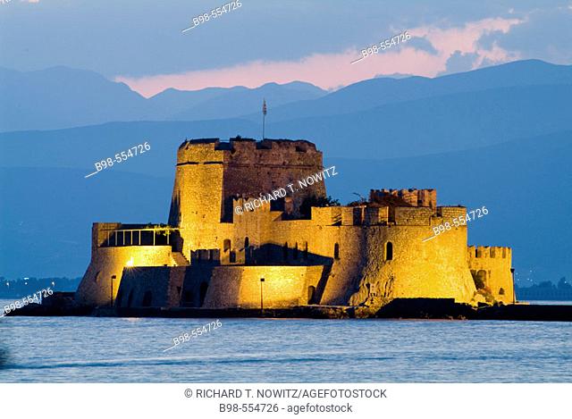 Nauplia, Greece, Bourtzi Island and Fortress at twilight