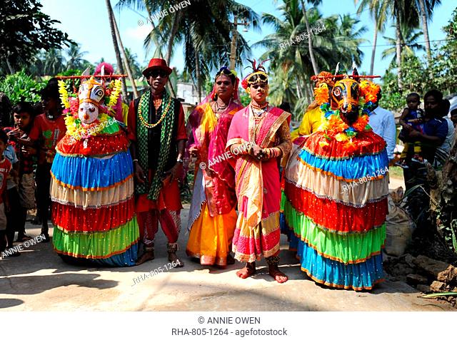 Group of traditional Chaiti Ghoda (Dummy Horse) dancers who perform dances at village events, Odisha, India, Asia