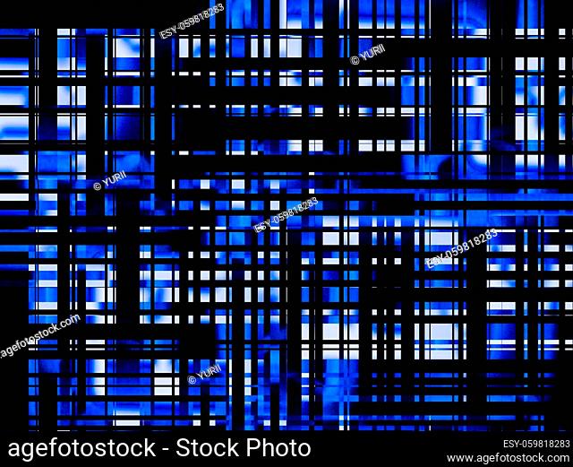Abstraction of intersecting lines in black and blue tones. Geometric shapes. Abstract illustration. Crossing stripes. Squares and triangles