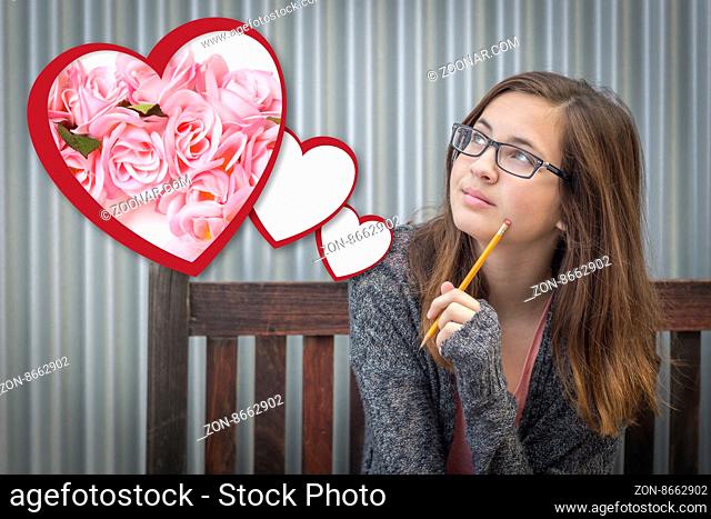 Cute Daydreaming Girl Next To Floating Hearts with Pink Roses