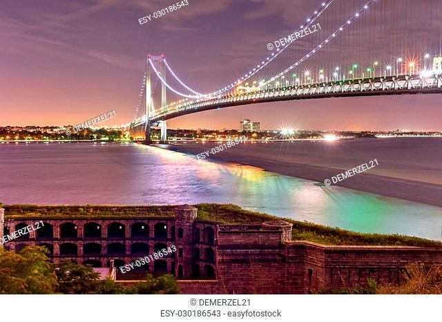 Verrazano Bridge and Fort Wadsworth in Staten Island leading into Brooklyn, New York at night