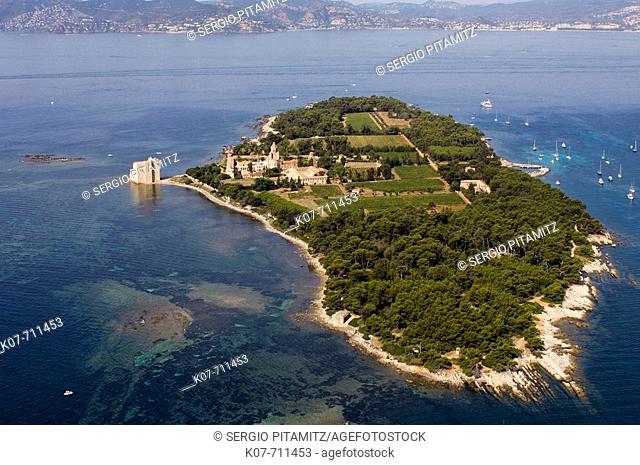 Saint-Honorat island, Lerins island. View from Helicopter, Cote d'Azur, France