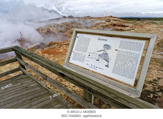 viewing platform with information board in geothermal area Gunnuhver, near Grindavik, Iceland, Europe