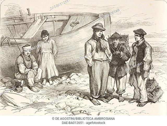 Boys of Claddagh near a boat, Galway, Ireland, illustration from the magazine The Illustrated London News, volume LXII, February 22, 1873