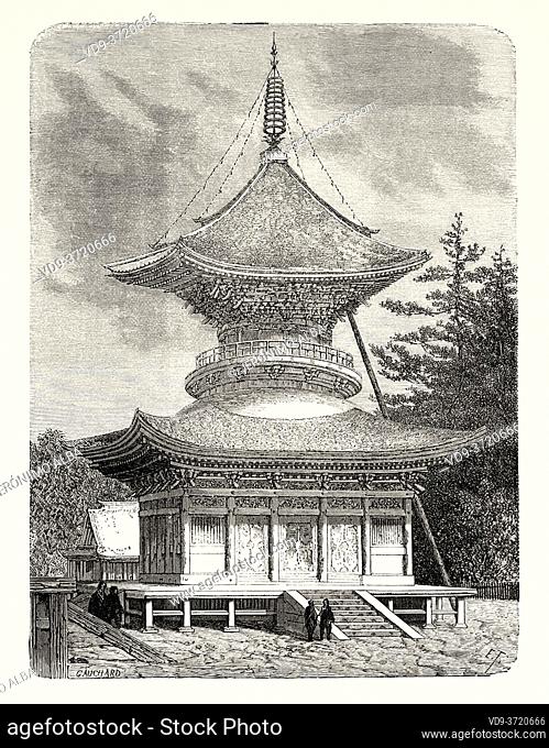 Hachiman pagoda, Kamakura, Japan. Old 19th century engraved illustration Travel to Japan by Aime Humbert from El Mundo en La Mano 1879