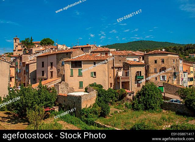 Panoramic view of the houses at the quiet and charming village of Figanieres, on a hot and sunny summer day. Located in the Var department, Provence region