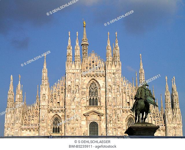 Milan cathedral with rider statue in foreground, Italy, Milan, Milan