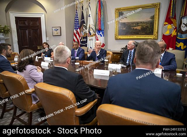 United States President Joe Biden, with administration officials, meets with union and business leaders to discuss his $1