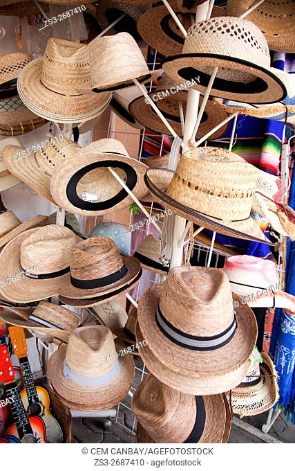 Popular straw hats for sale in a shop at the town center, Tulum, Quintana Roo, Yucatan Province, Mexico, Central America