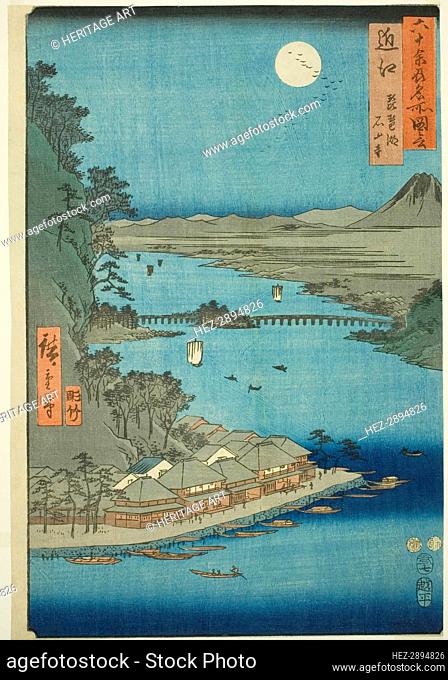 Omi Province: Lake Biwa and Ishiyama Temple (Omi, Biwako Ishiyamadera), from the series F.., 1853. Creator: Ando Hiroshige
