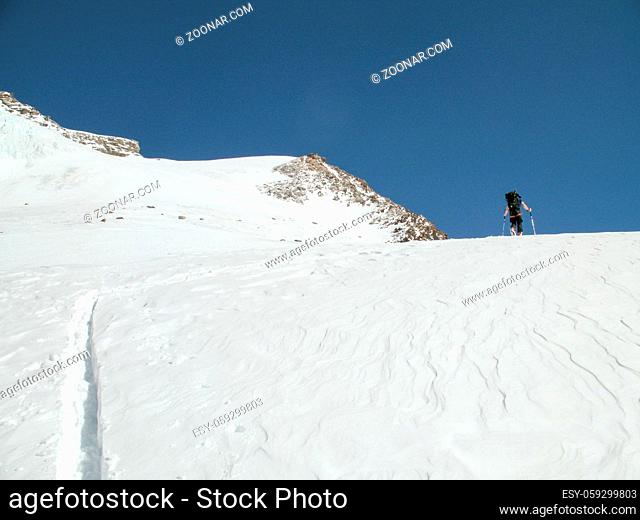 male backcountry skier on a ski tour on his way to a high alpine summit in the Monte Rosa mountains on a huge glacier under a clear blue sky