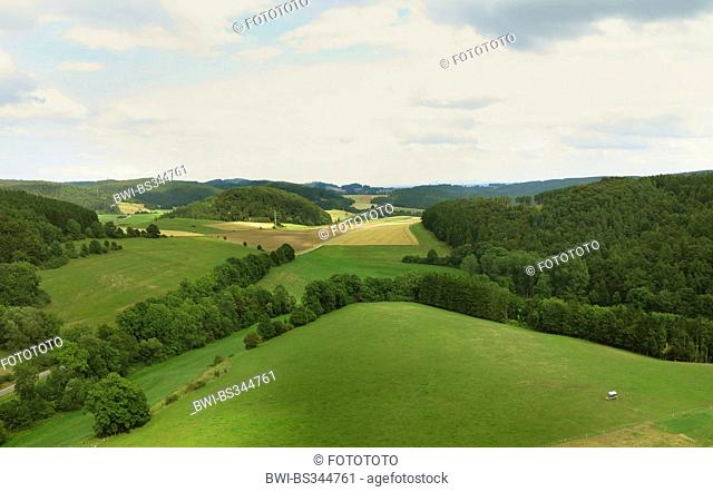 aerial view to hilly field and forest landscape near Welleringhausen, Germany, North Rhine-Westphalia, Sauerland, Willingen-Upland