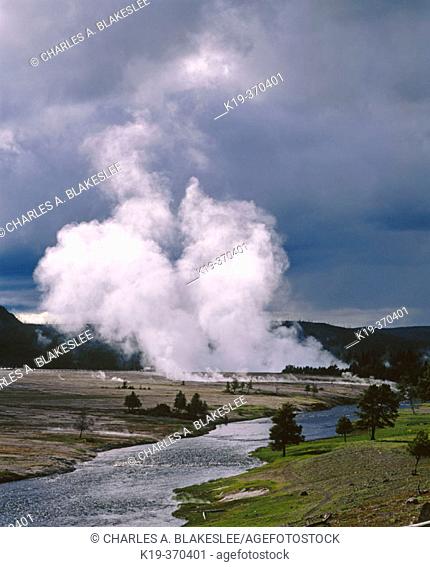 Steam raising from Midway Geyser Basin. Firehole river. Yellowstone National Park. Teton County. Wyoming. USA