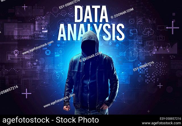 Faceless man with DATA ANALYSIS inscription, online security concept