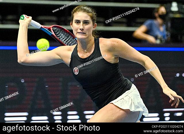 Rebecca Marino (Canada) in action during Group A match against Anastasia Pavlyuchenkova (Russian Tennis Federation), on November 2, 2021, in Prague