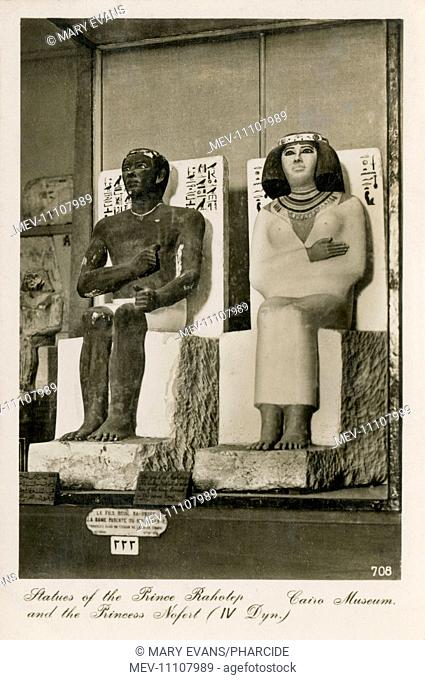 Sitting statues of Prince Rahotep and Princess Nofret (4th dynasty) in the Egyptian Museum - Cairo, Egypt