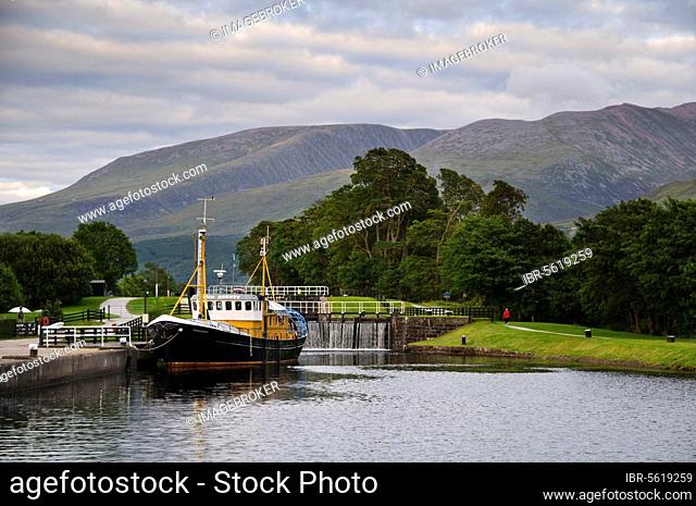 'Ocean Bounty' survey vessel moored beside lockgates at start of canal, Caledonian Canal, Loch Linnhe, Caol, near Fort William, Inverness-shire, Highlands