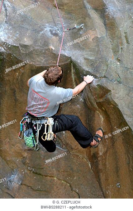training for alpine climbing at a rock wall, Germany, North Rhine-Westphalia