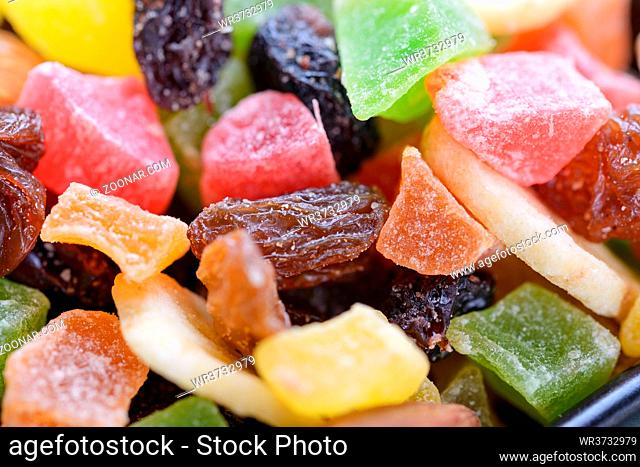 Macro of various tasty and colorful dry fruits