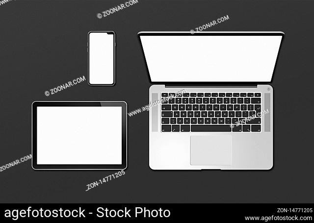 Laptop, tablet and phone set mockup isolated on black background with blank screens. 3D render