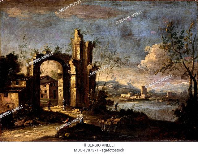 Landscape with Ruins and Country House, by Unknown Artista from Veneto, 1750, 18th Century, oil on canvas. Italy, Lombardy, Milan, Castello Sforzesco
