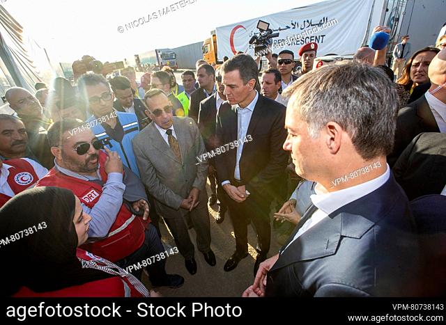 Prime Minister of Spain Pedro Sanchez and Prime Minister Alexander De Croo talk with Egypt Red Crescent volunteers during a visit to the city of Rafah