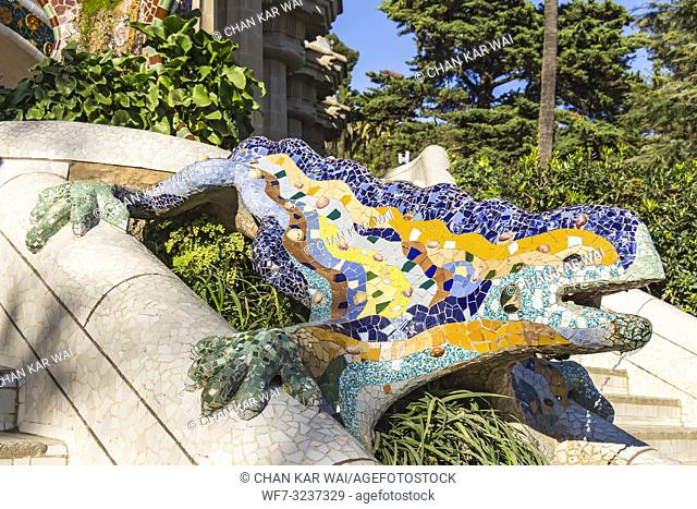 Barcelona - December 2018: Multicolored mosaic salamander, popularly known as El Drac (the dragon) at Park Guell