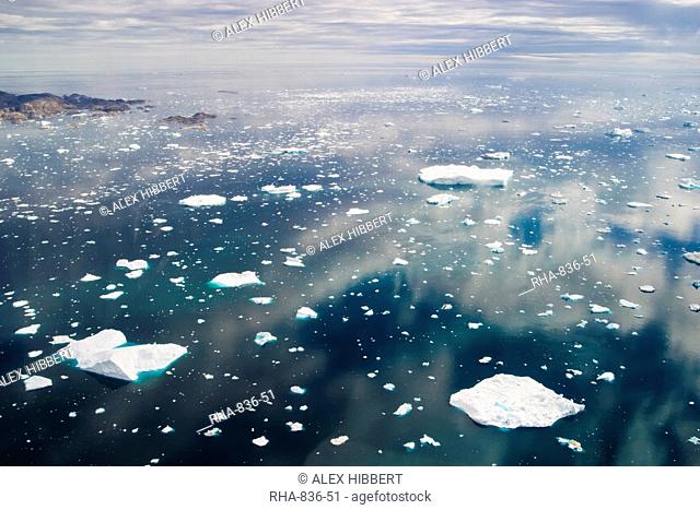 Aerial view of the Greenland mountains and water near Kulusuk, Greenland, Polar Regions