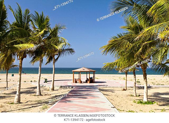 A small beach shelter in a palm tree forest on the Gulf of Oman near Muscat, Oman