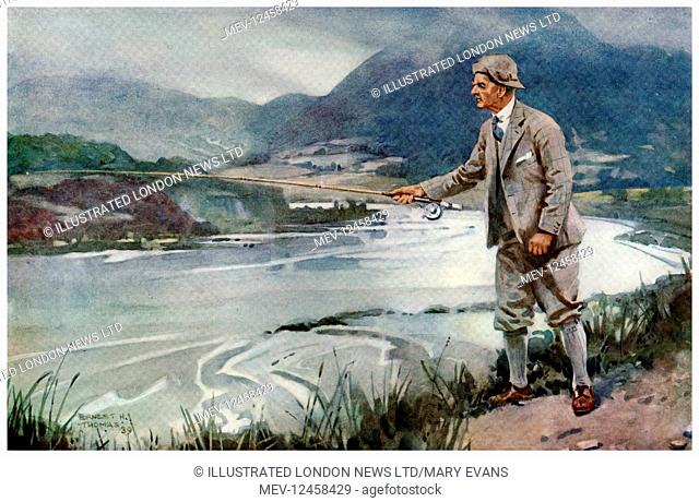 Prime Minister, The Right Hon. Neville Chamberlain engaged in his favourite pastime of fly fishing. The artist, Ernest H