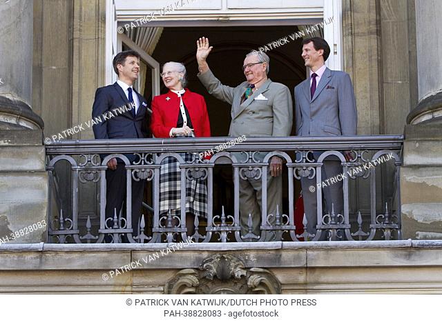 Danish Queen Margrethe, Prince Henrik (2nd R), Crown Prince Frederik (L) and Prince Joachim at the balcony of Amalienborg Palace in Copenhagen on 73rd birthday...