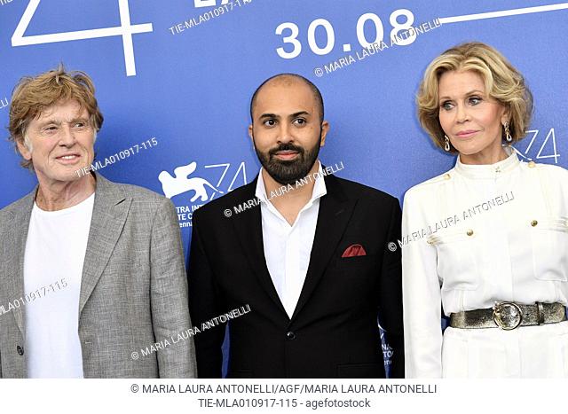 Director Ritesh Batra with Jane Fonda and Robert Redford during the photocall of the film Our Souls at Night. 74th Venice Film Festival. Venice