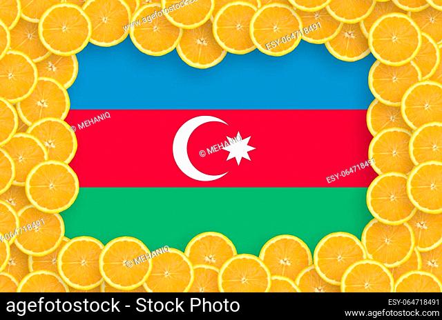 Azerbaijan flag in frame of orange citrus fruit slices. Concept of growing as well as import and export of citrus fruits