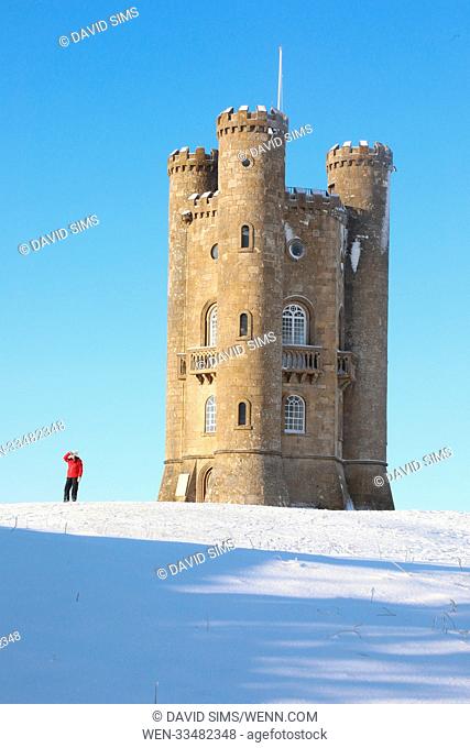 Broadway Tower surrounded by snow, is a folly on Broadway Hill, near the village of Broadway, in the English county of Worcestershire