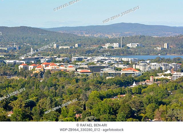 Aerial landscape view of Canberra the capital city of Australia located in the ACT, Australian Capital Territory, Australia