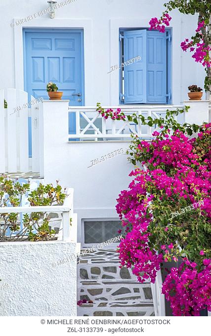 Traditional Greek home with pink bougainvillea flowers and blue windows in Oia, Santorini Greece
